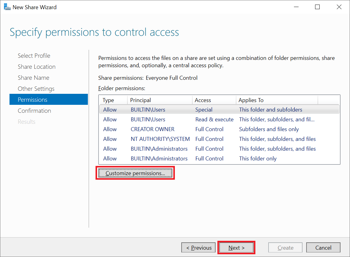 new share wizard permissions