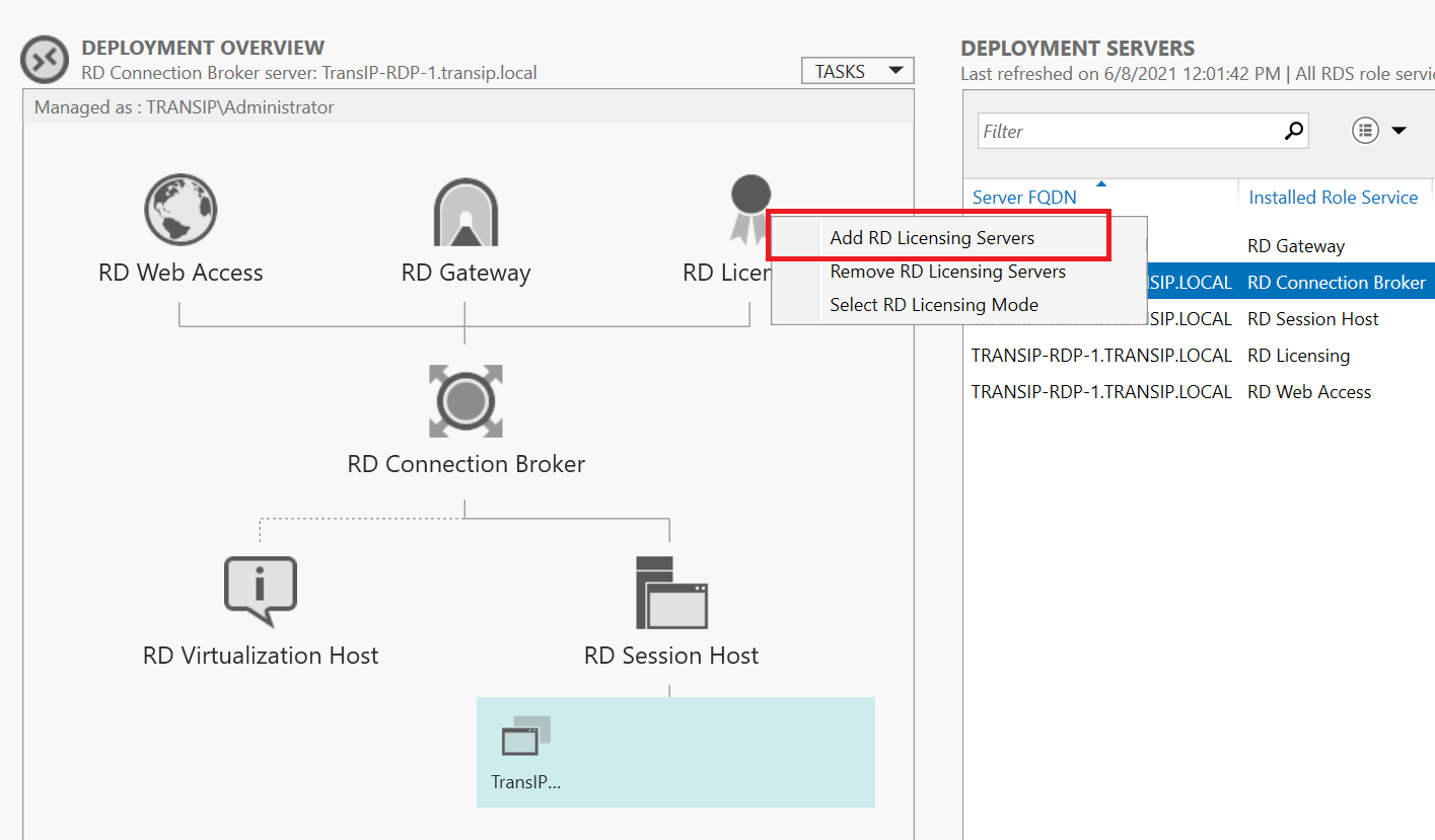 rd deployment add rd licensing servers
