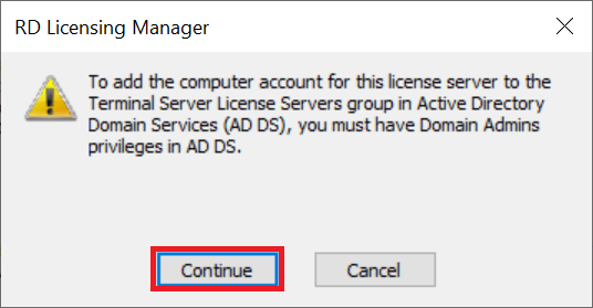 rd licensing manager add to group warning