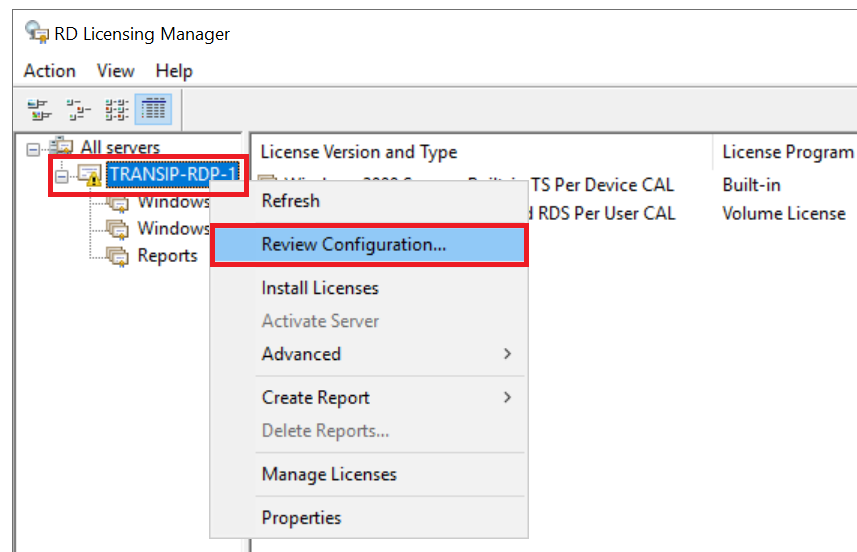 rd licensing manager review configuration