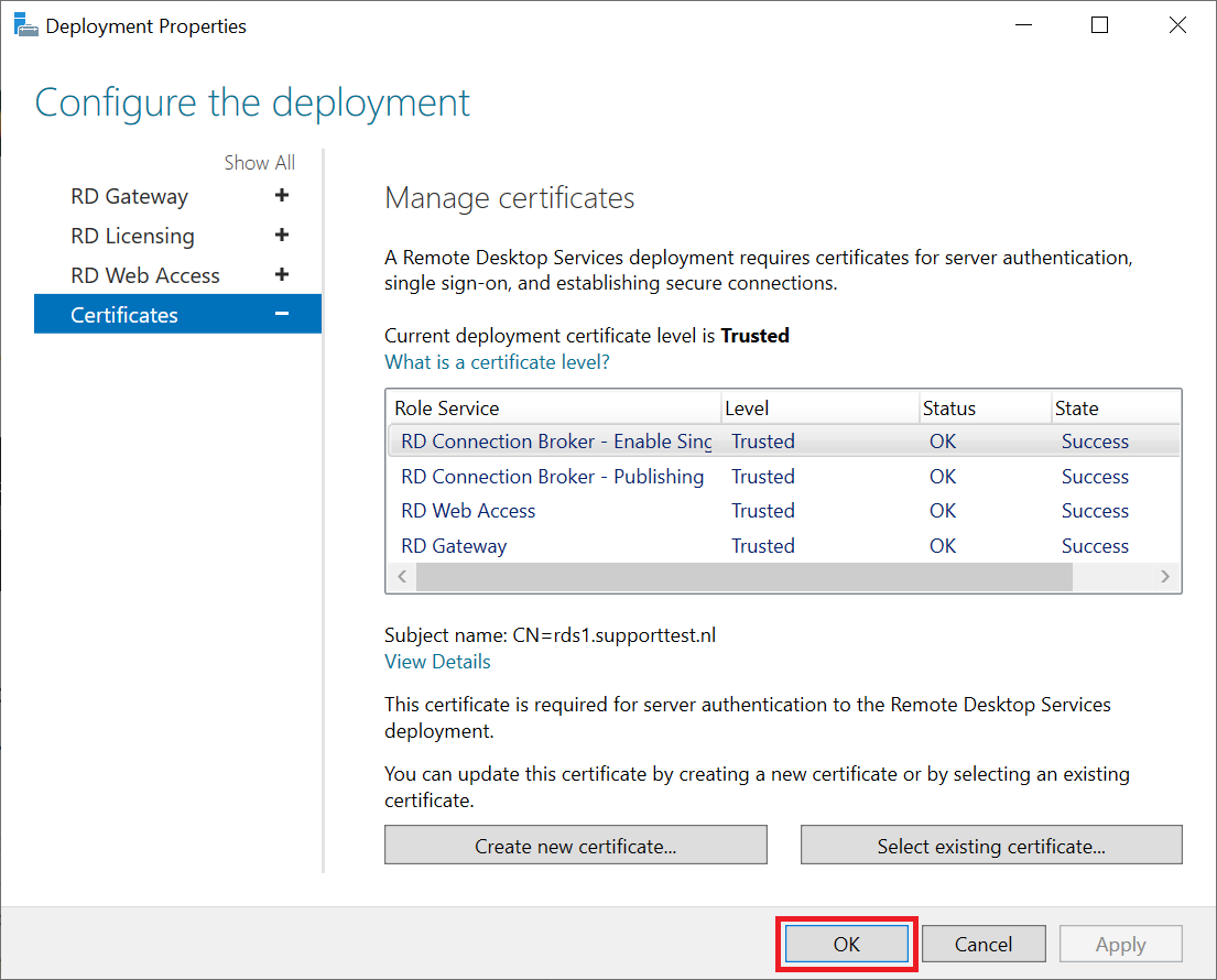 rds configure deployment certificates ok