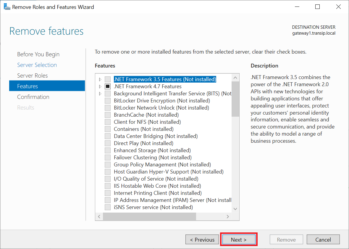 remove roles and features wizard select features