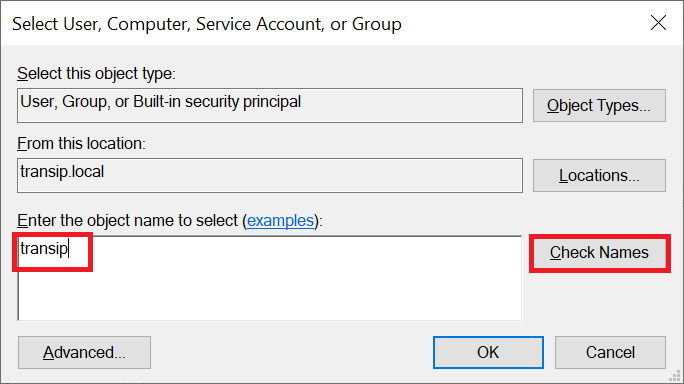 select user computer service account or group