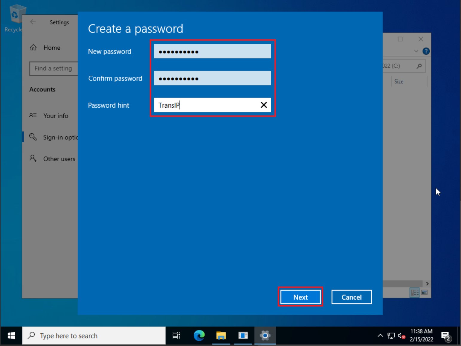windows create password