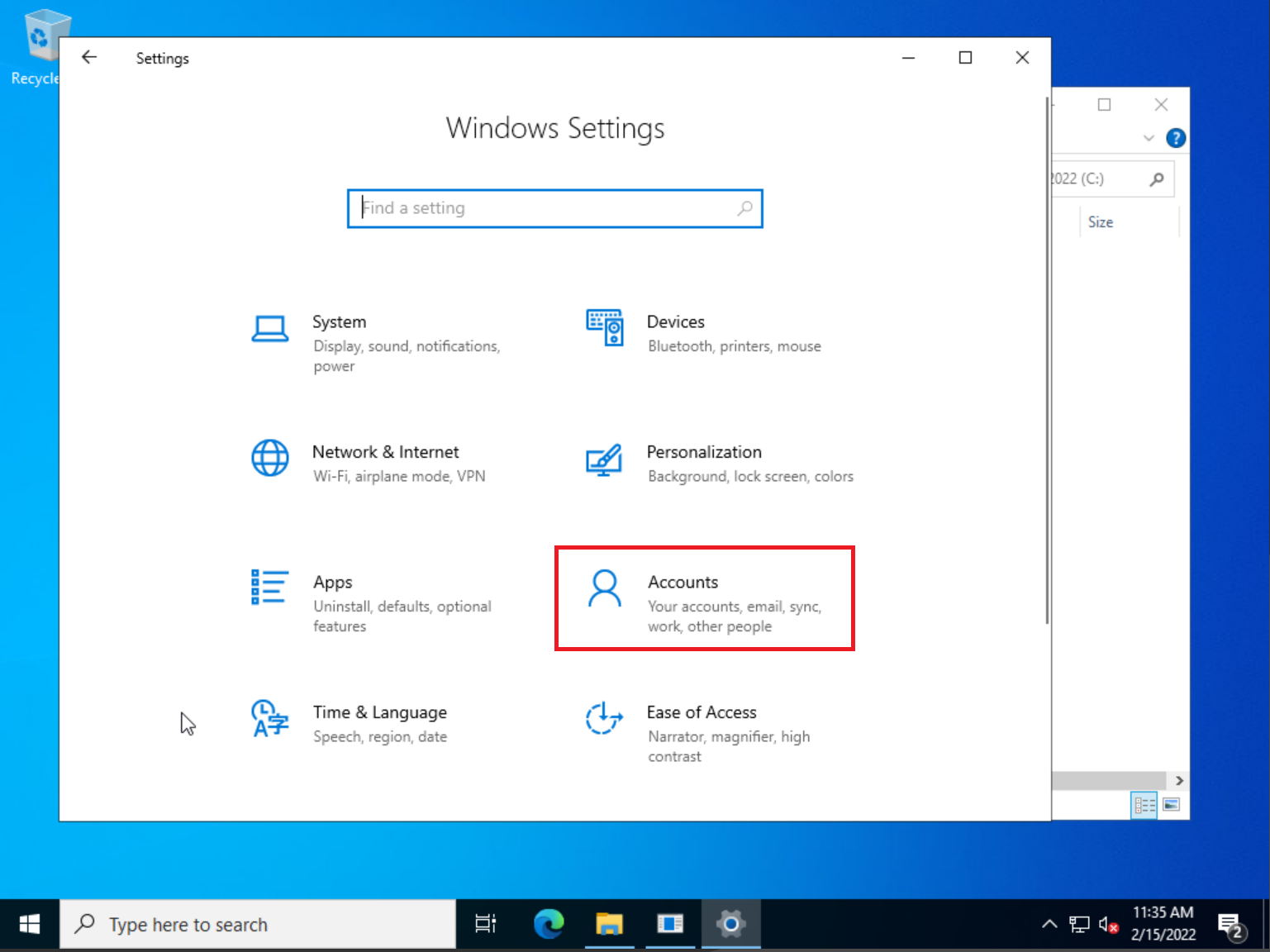 windows settings accounts