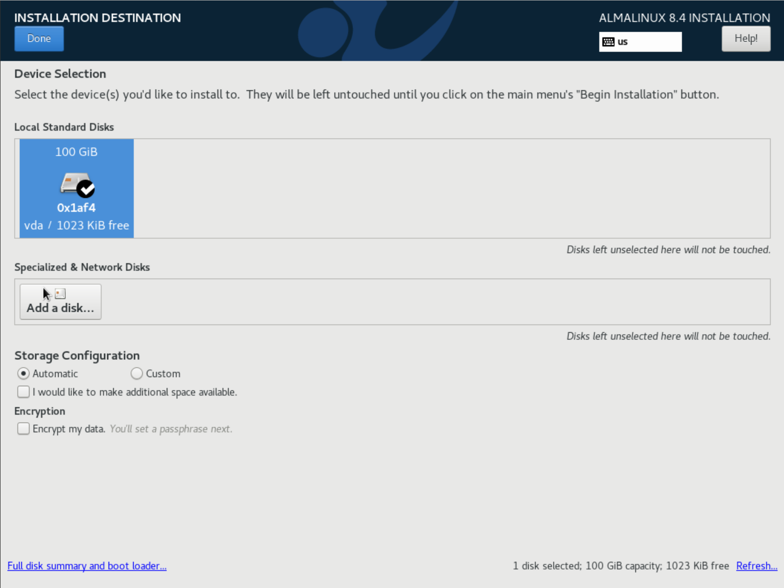 almalinux 8 installation destination