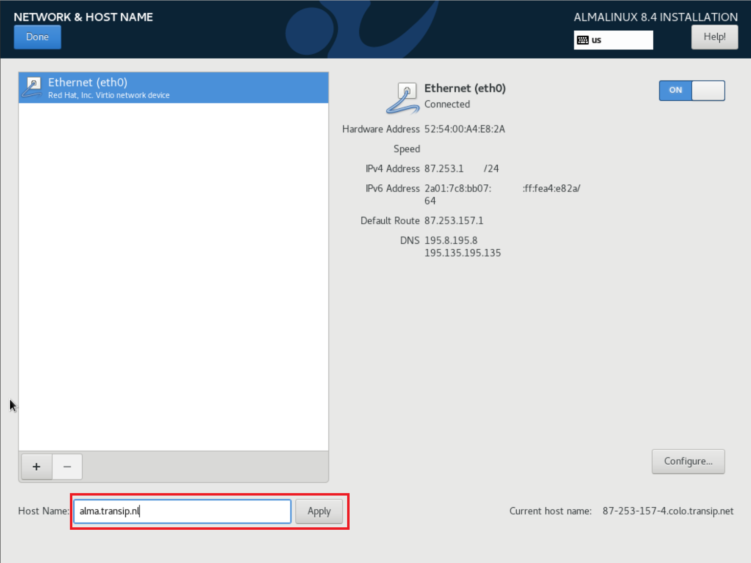 almalinux 8 installation network & hostname