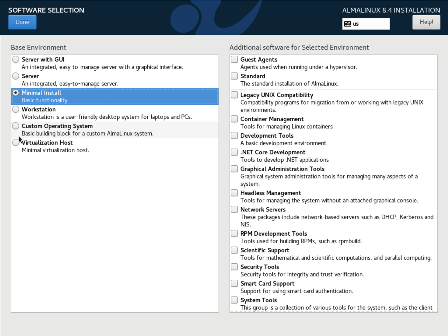 almalinux 8 installation software selection