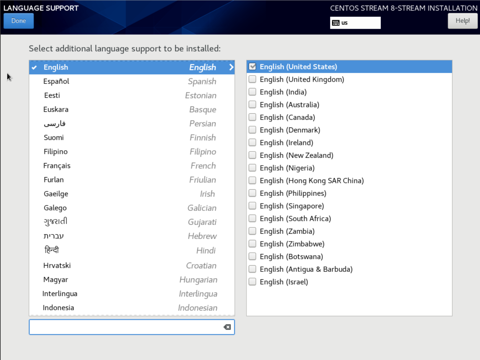 centos stream 8 installation language selection