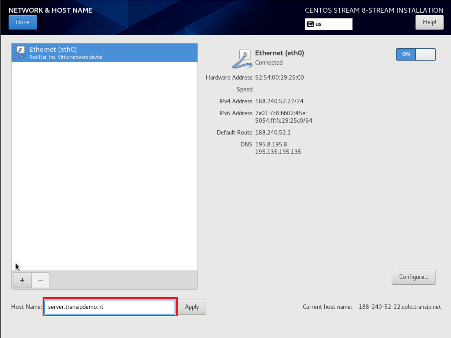 centos stream 8 installation network & hostname