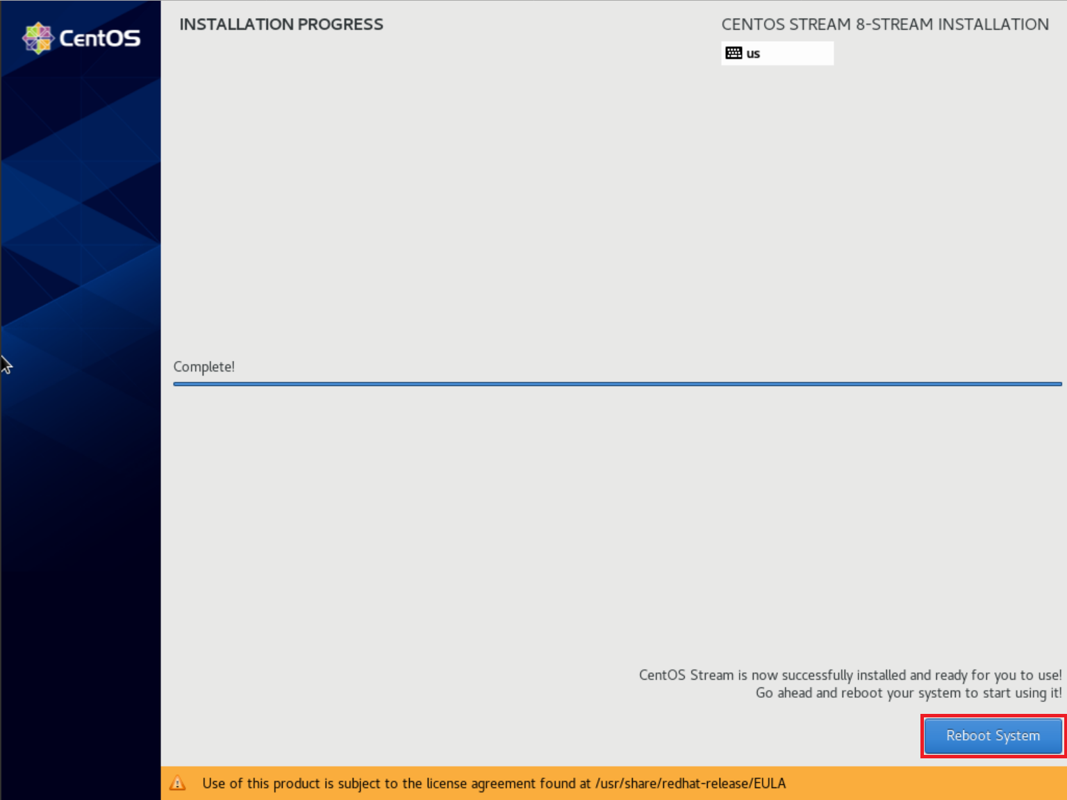 centos stream 8 installation finished