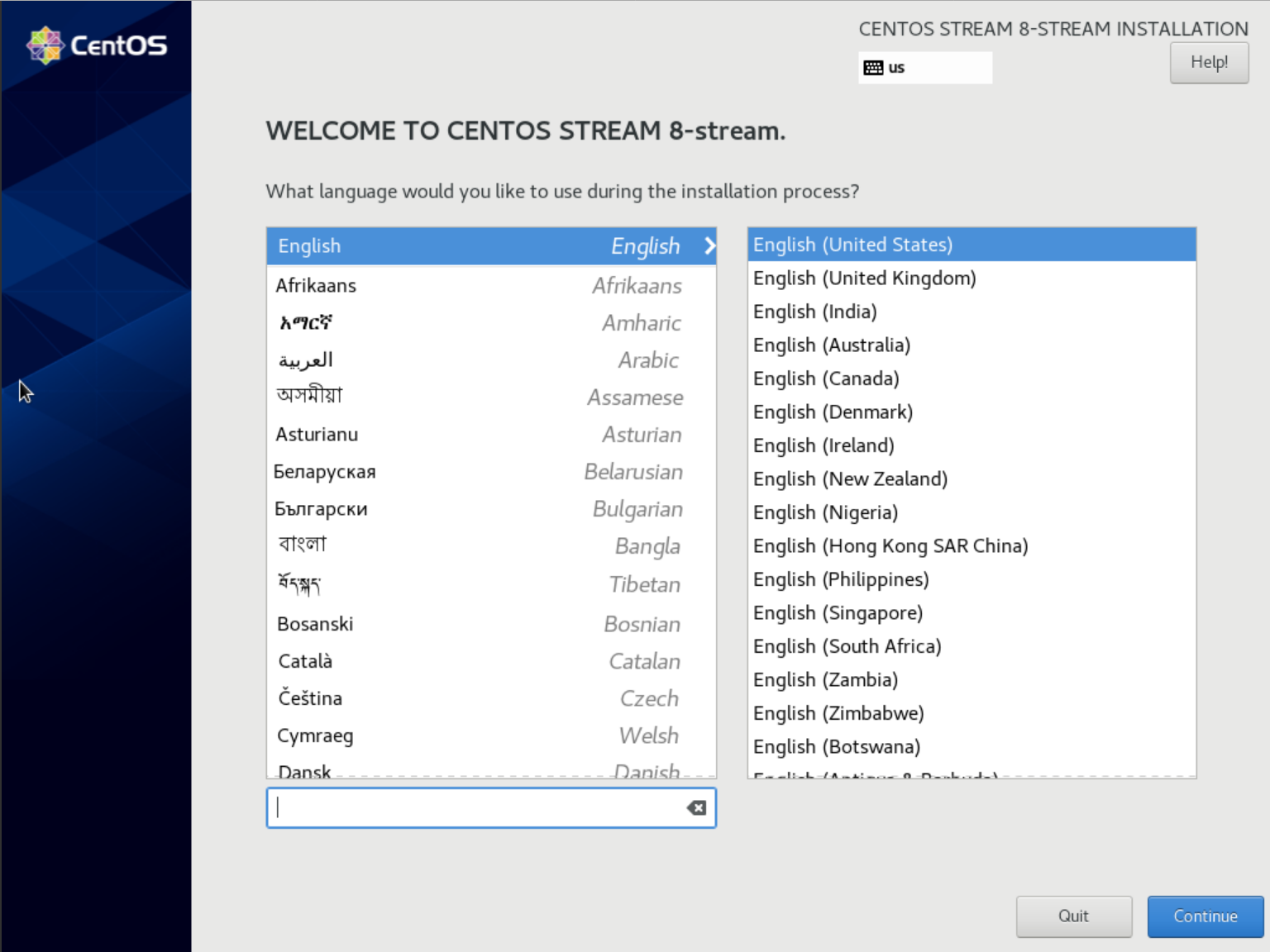 centos stream 8 installation language selection