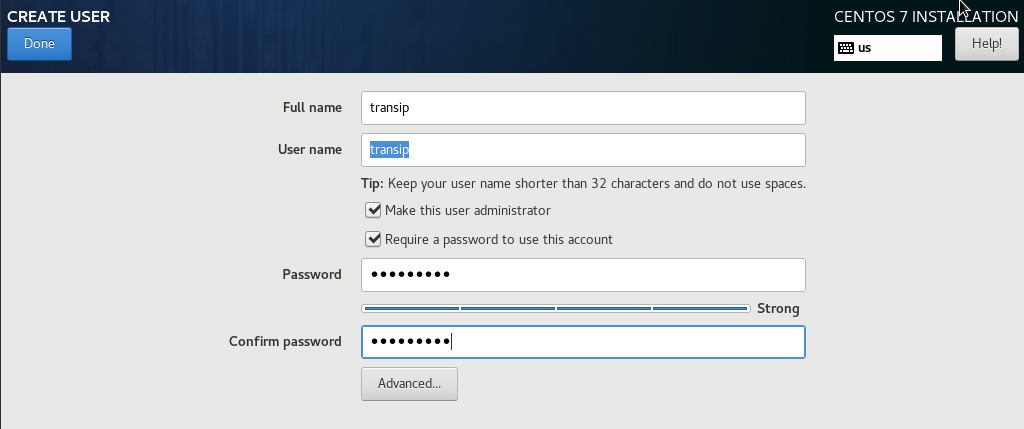 centos7 installation create user