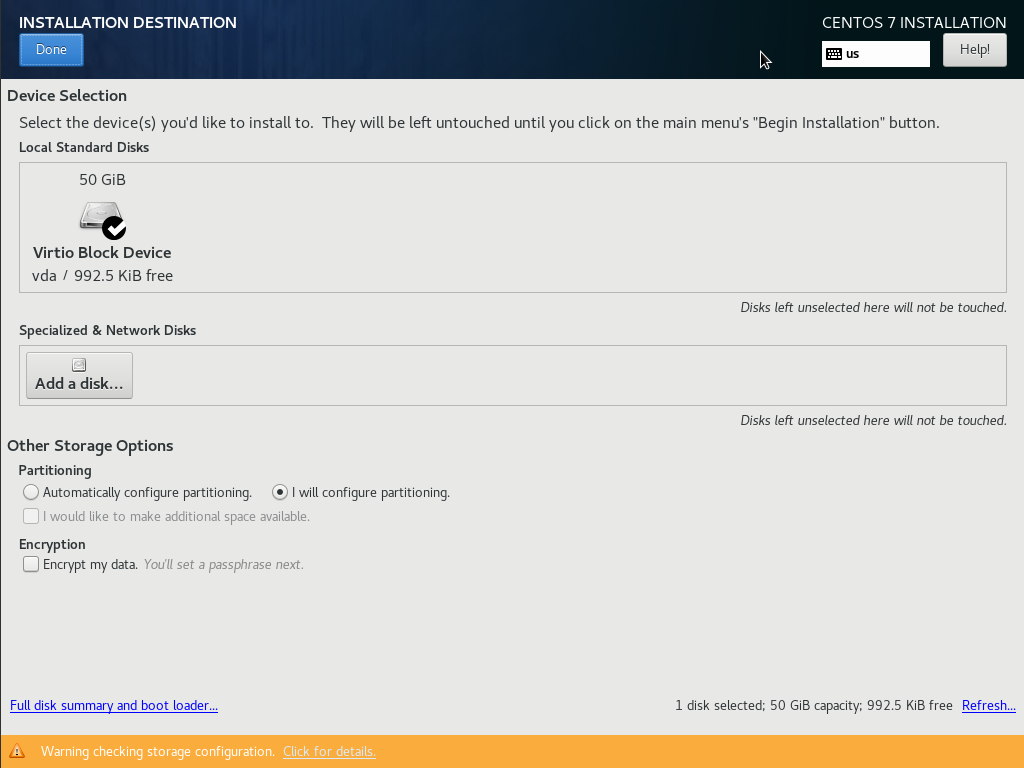 centos7 installation destination