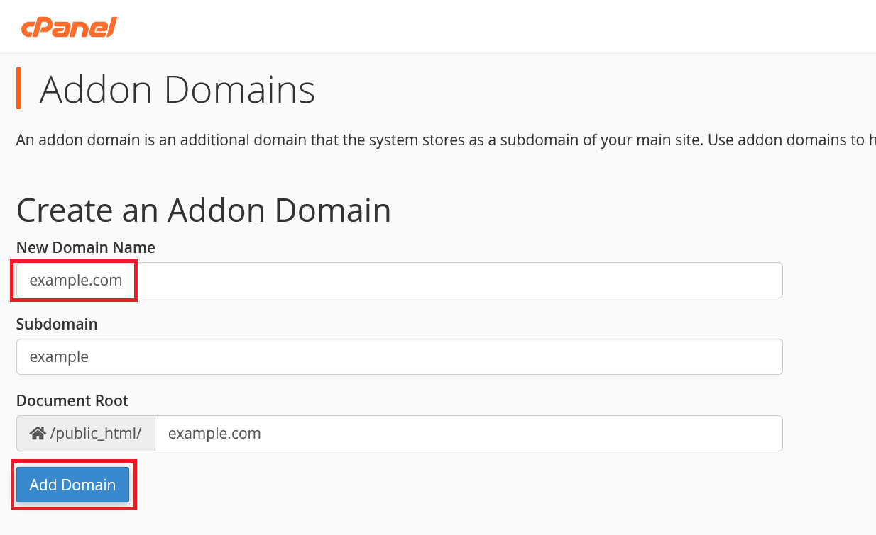 cpanel create addon domain