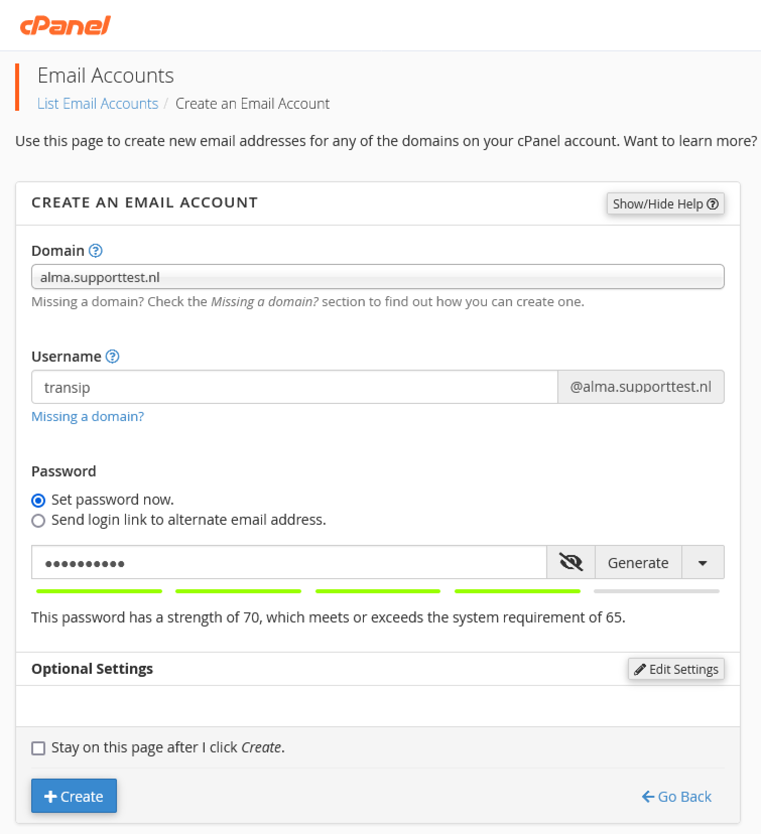 cpanel email accounts create account