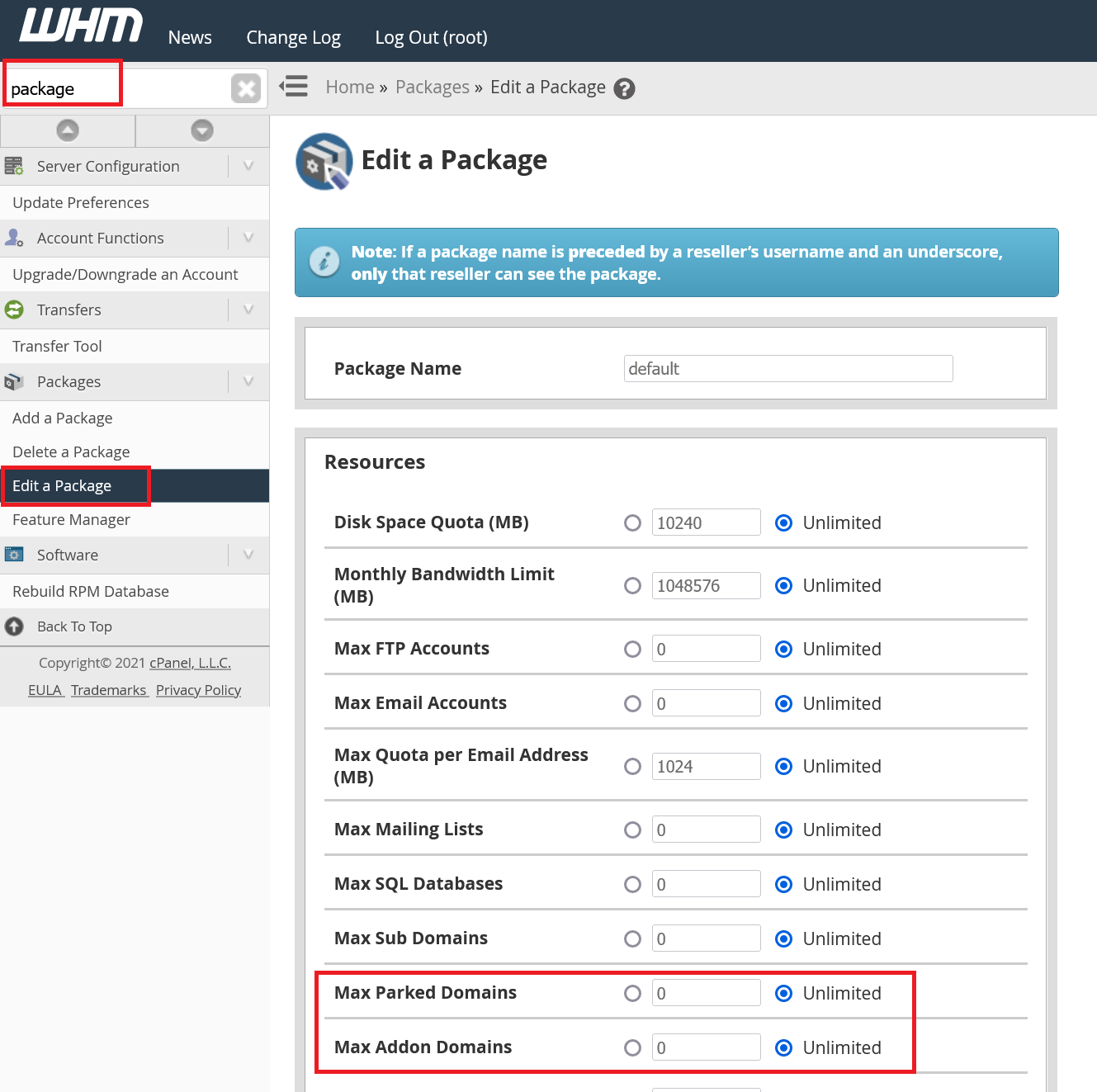 whm edit package parked addon domains