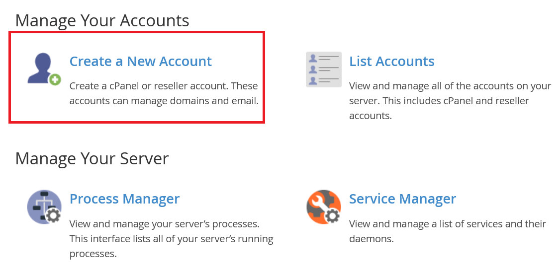 whm manage accounts create new