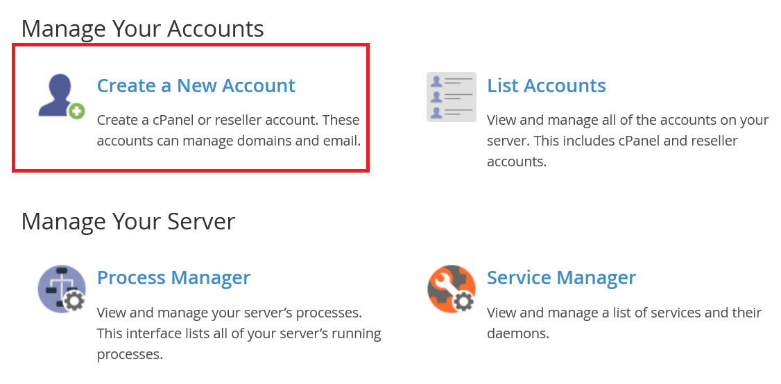 whm manage accounts create new account