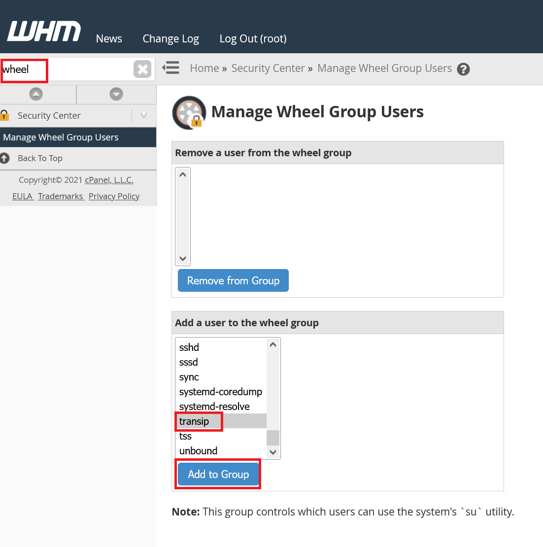 WHM manage wheel group users