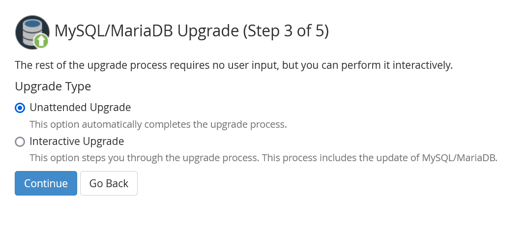 whm mysql upgrade type