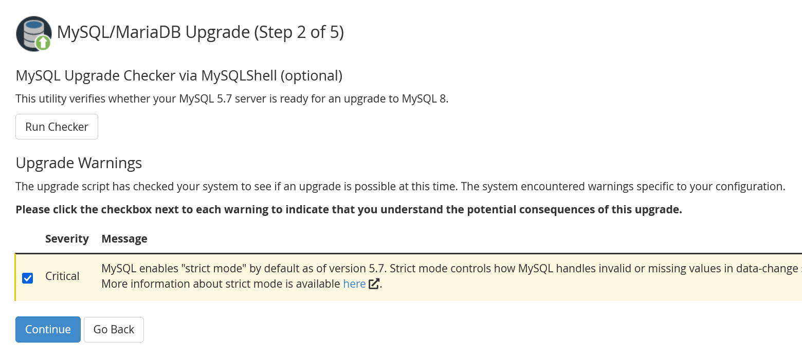 whm mysql upgrade warning