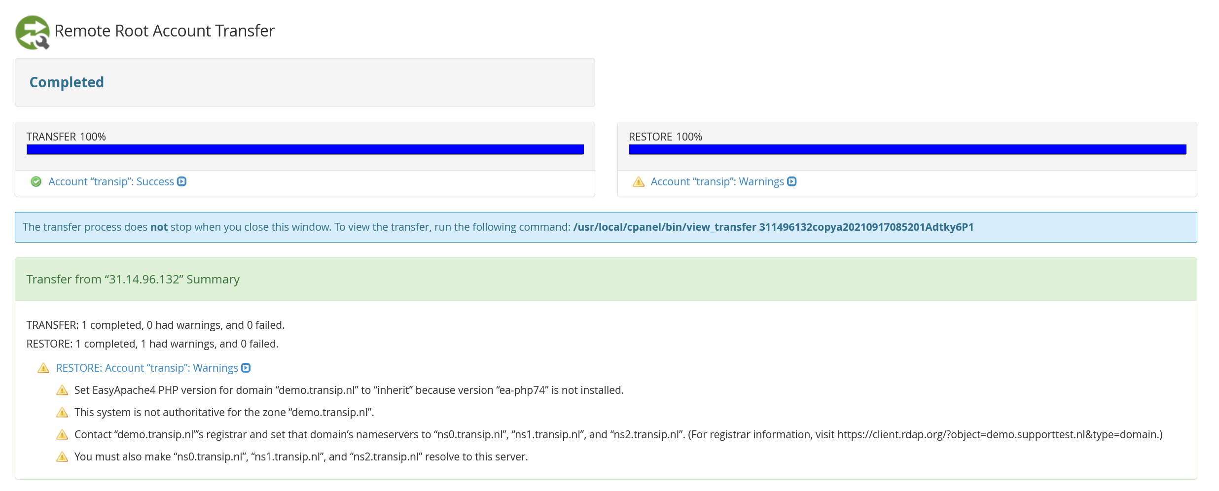 whm transfer tool completed