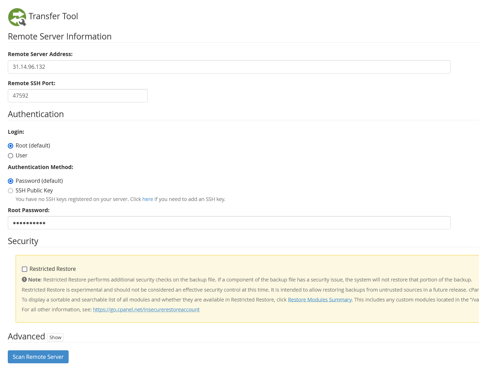 whm transfer tool remote info