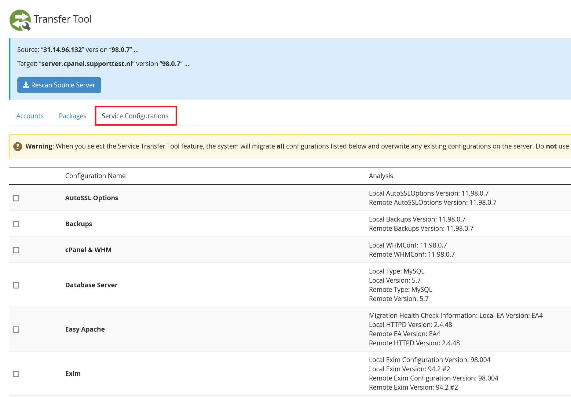whm transfer tool server configurations