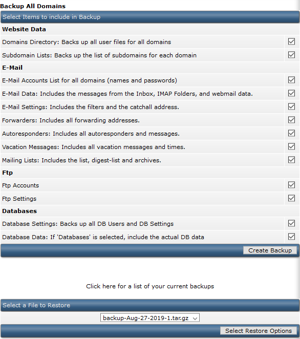directadmin user backups