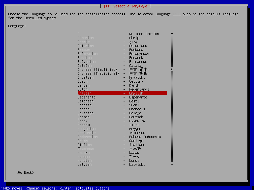 debian installation select language