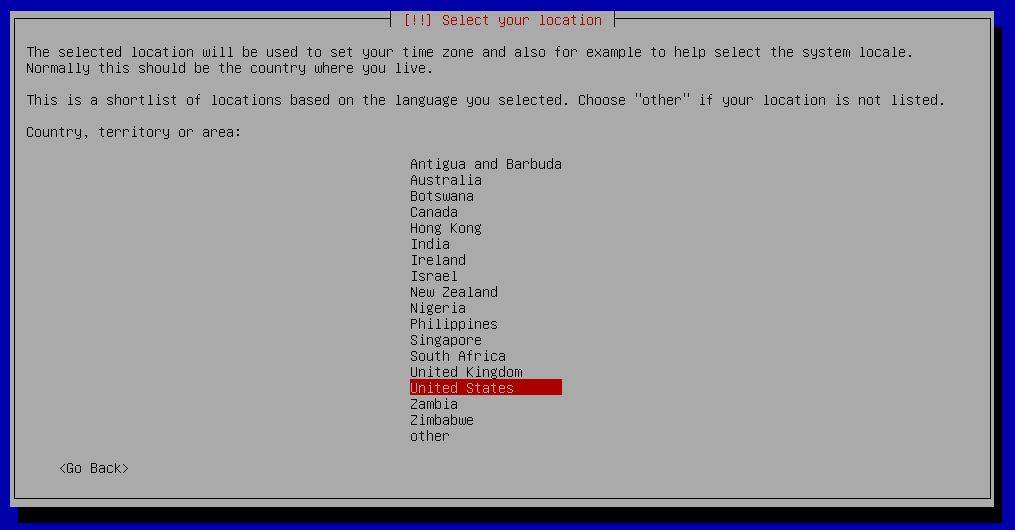 debian installation select country