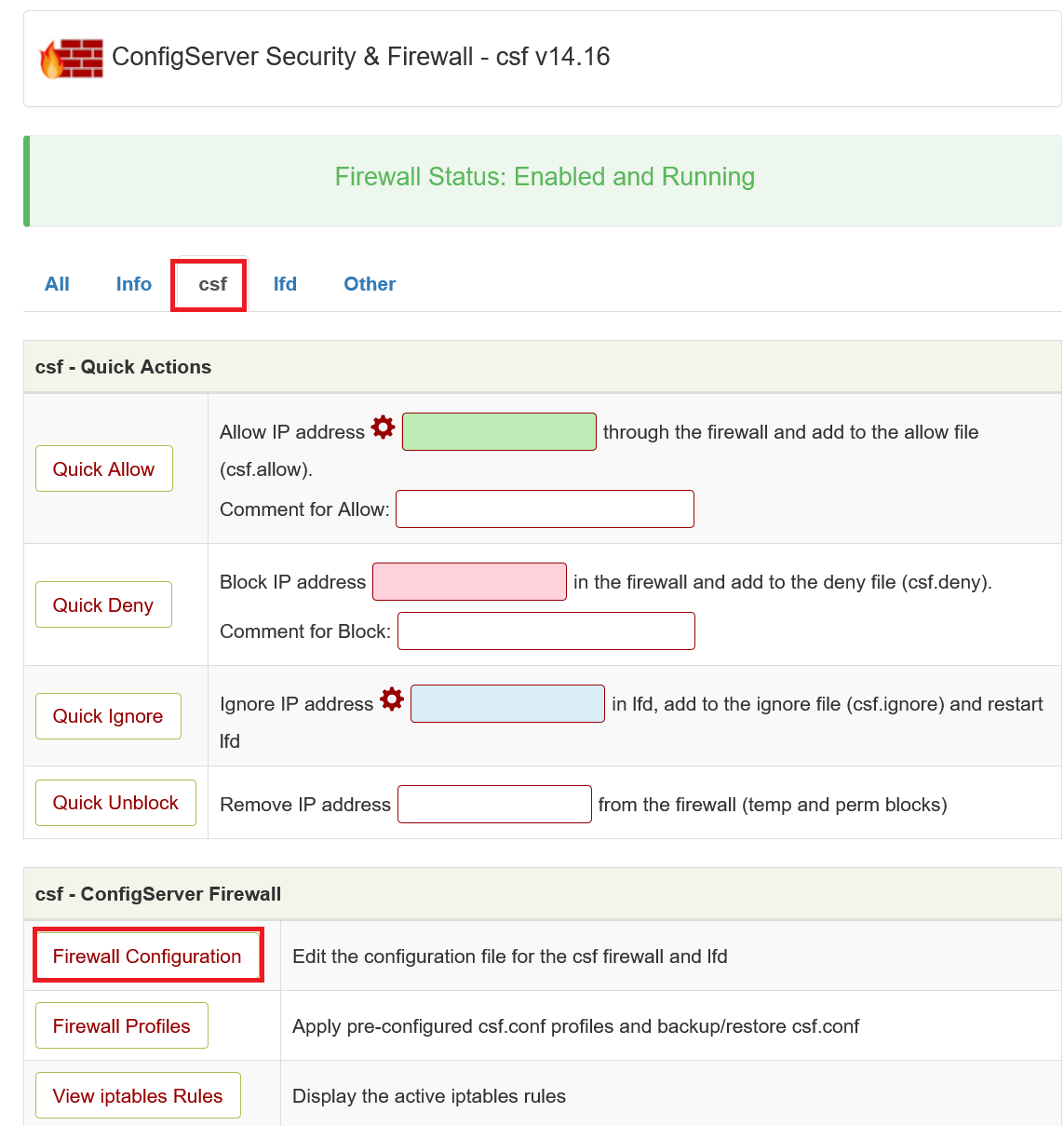 directadmin csssf csf edit configuration