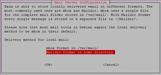 exim configuration - mbox or maildir