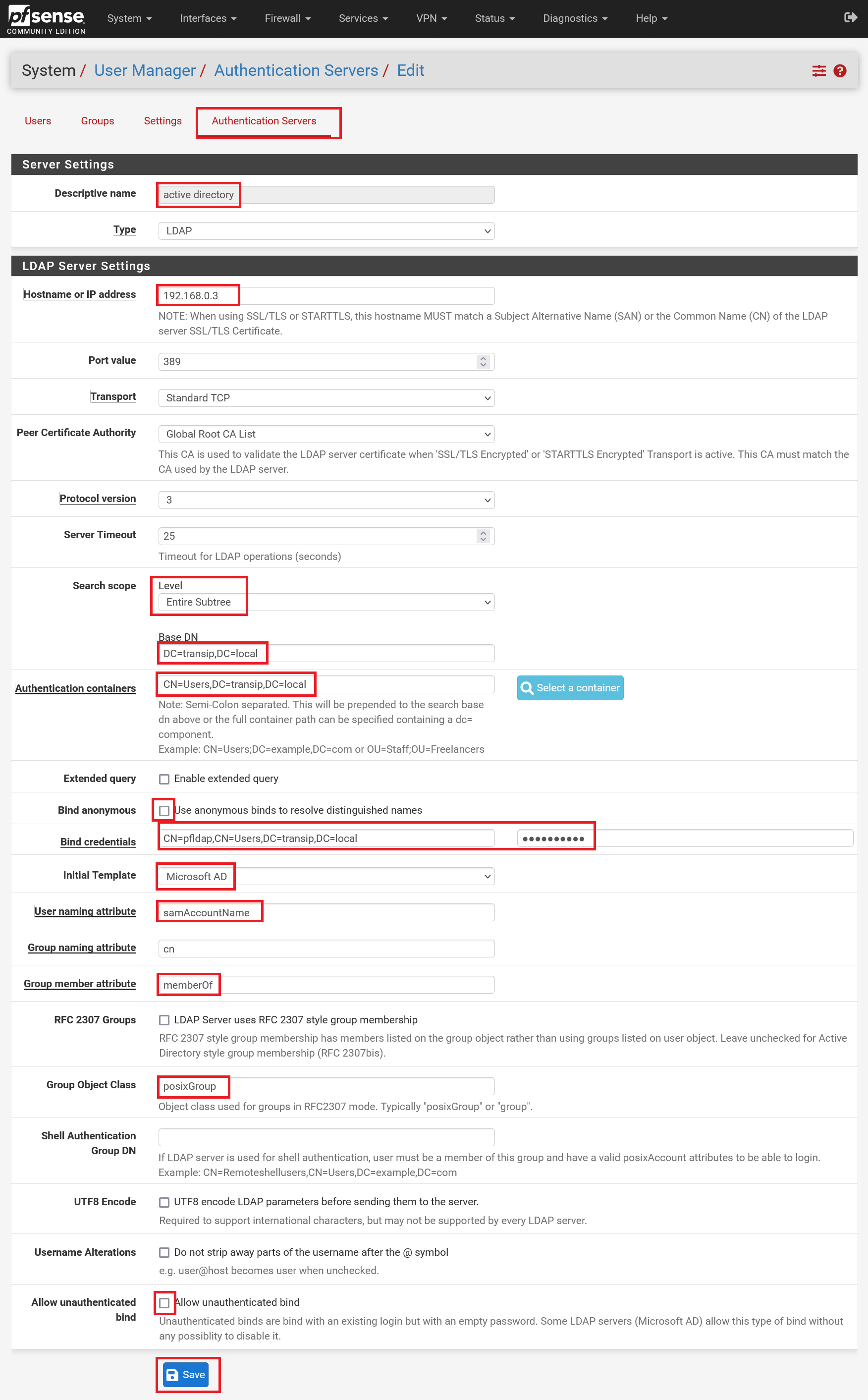 pfsense authentication servers edit