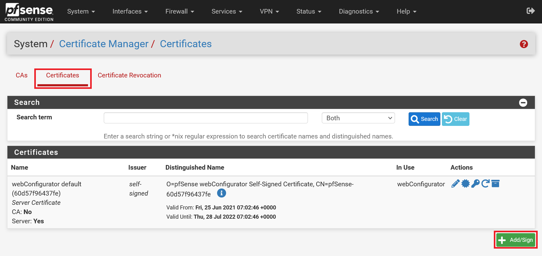 pfsense cert manager certs add