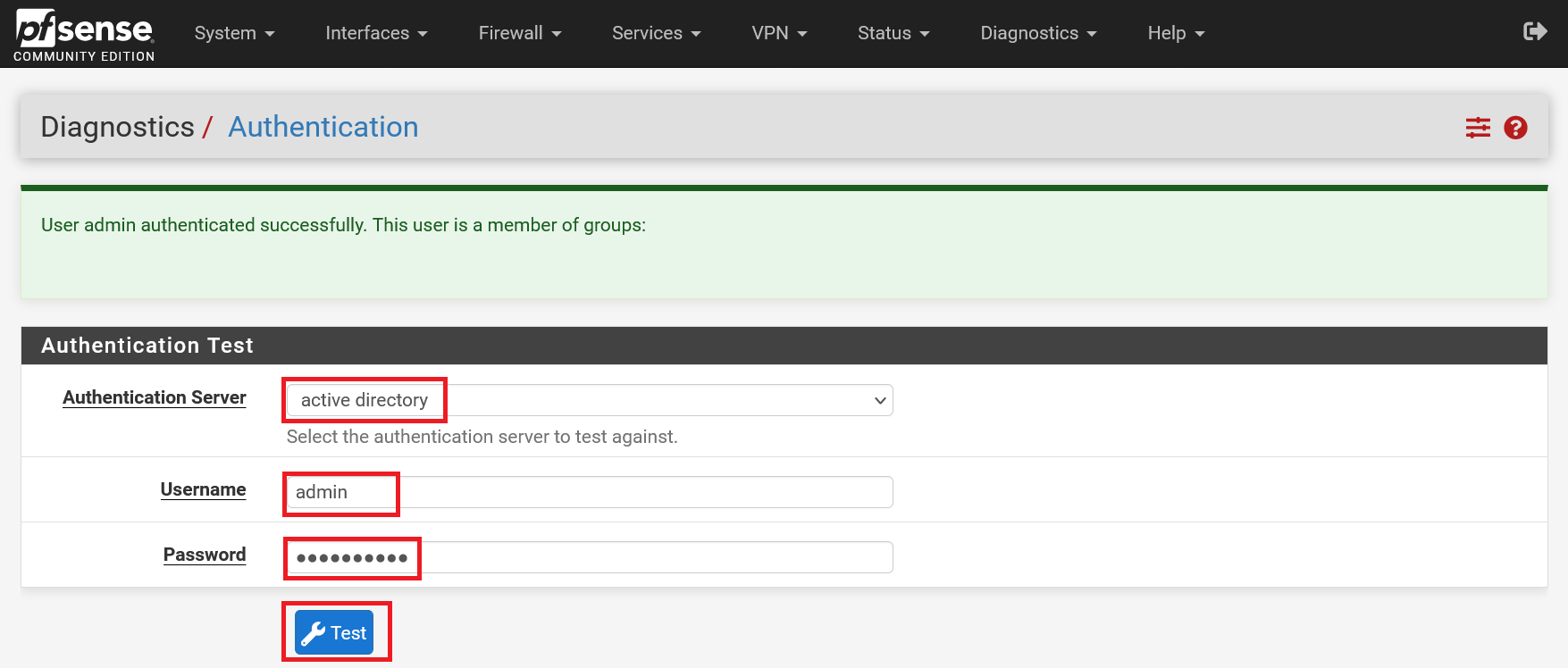 pfsense diagnostics test authentication