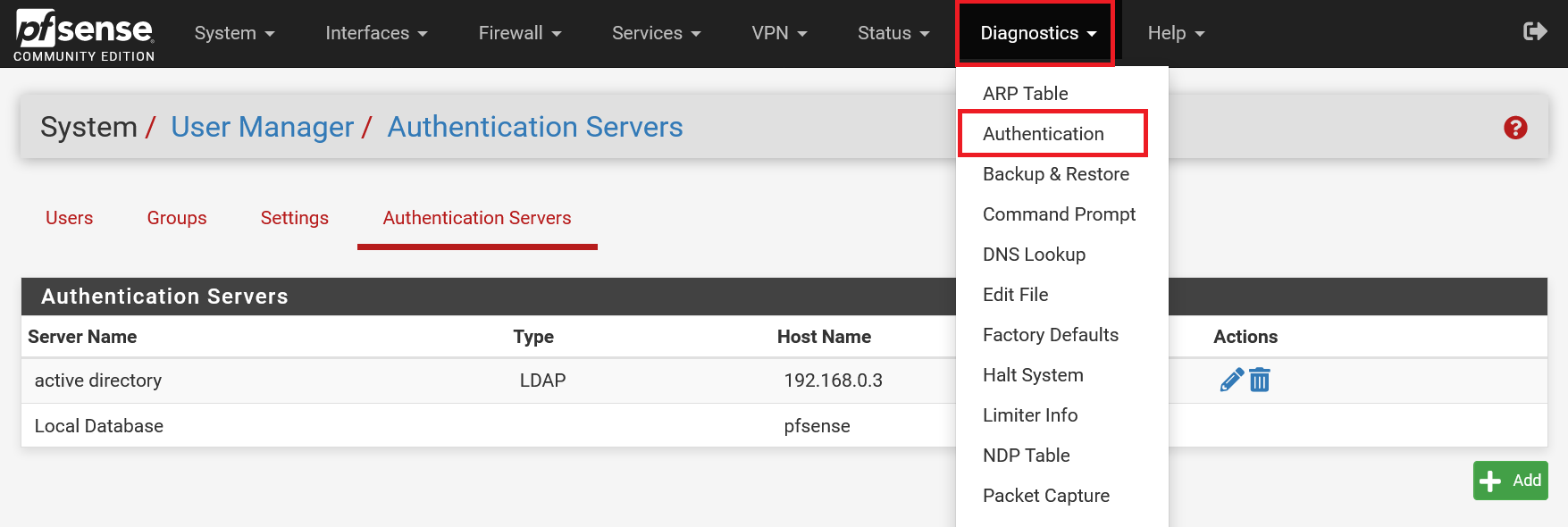 pfsense diagnostiscs authentication