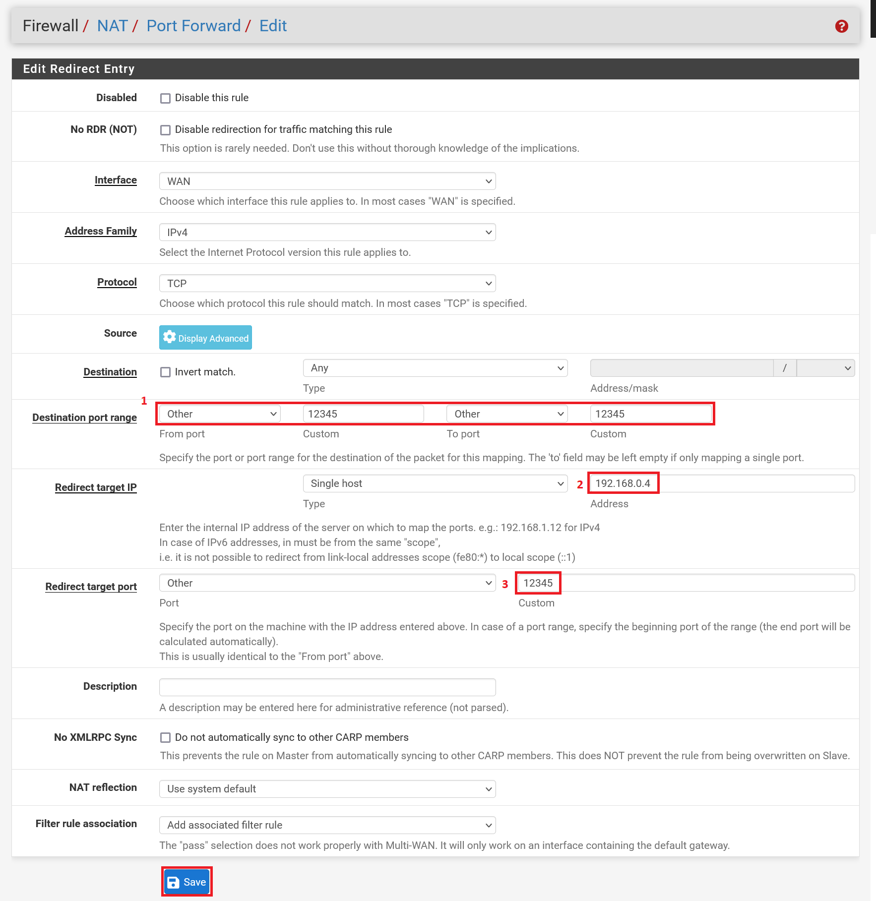 pfsense nat new port forward rule