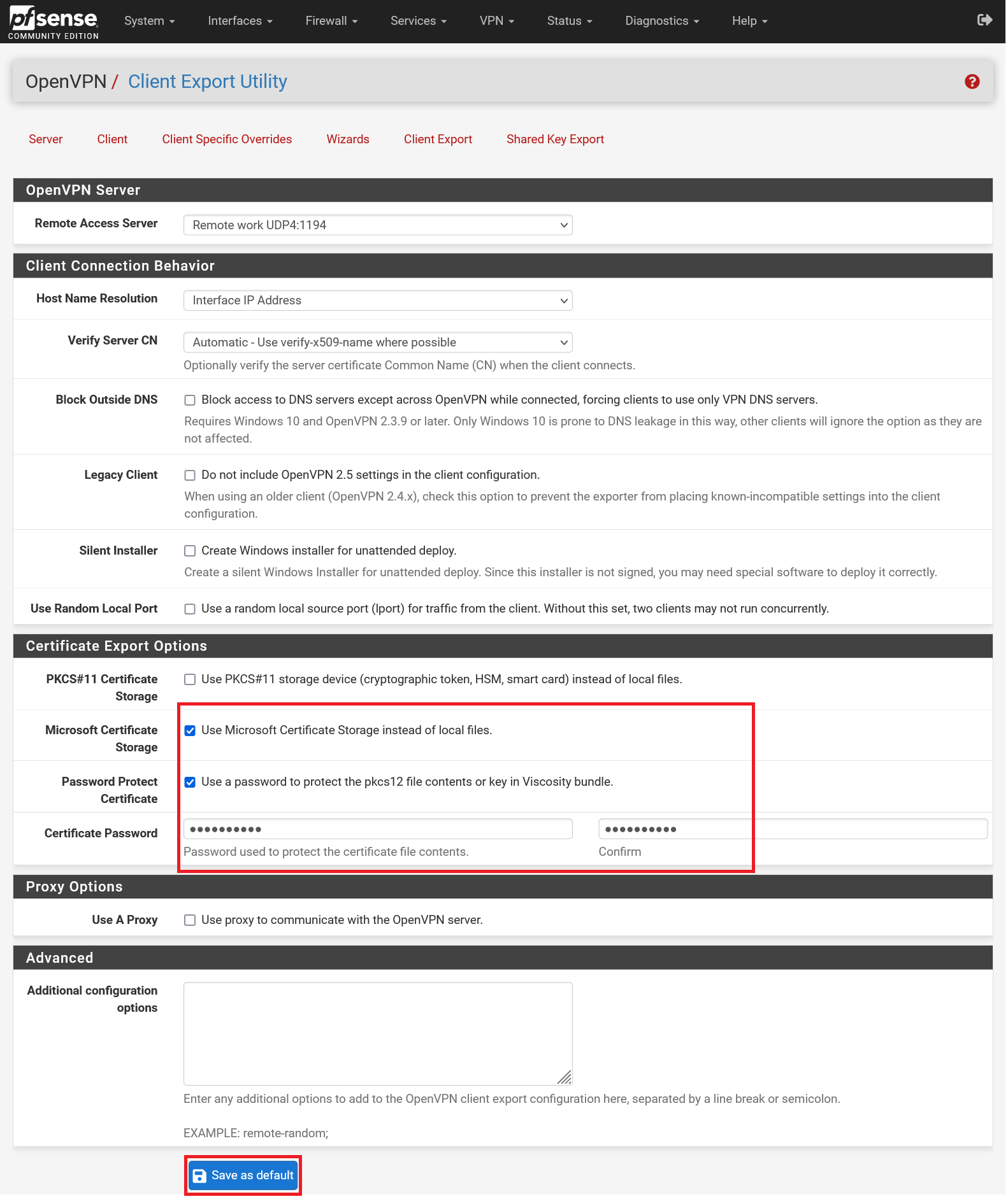 pfsense opevnpn client export page top half