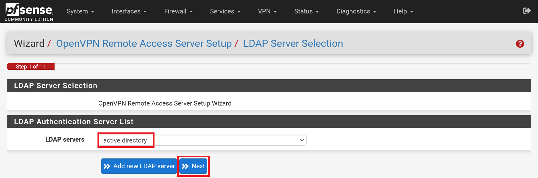 pfsense openvpn wizard add ldap server