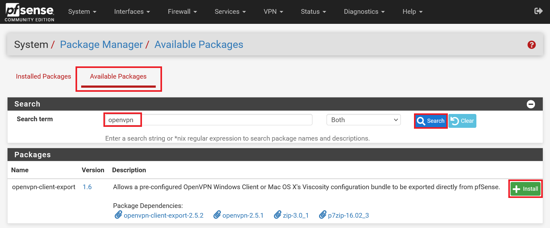 pfsense package manger openvpn export