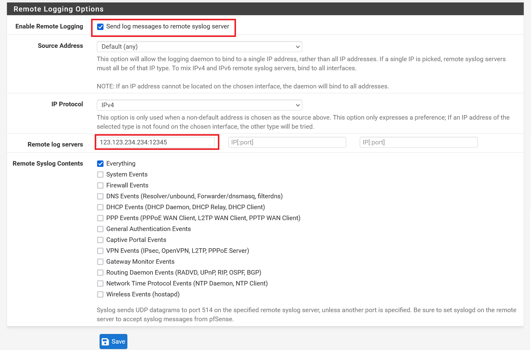 pfsense system logs settings remote