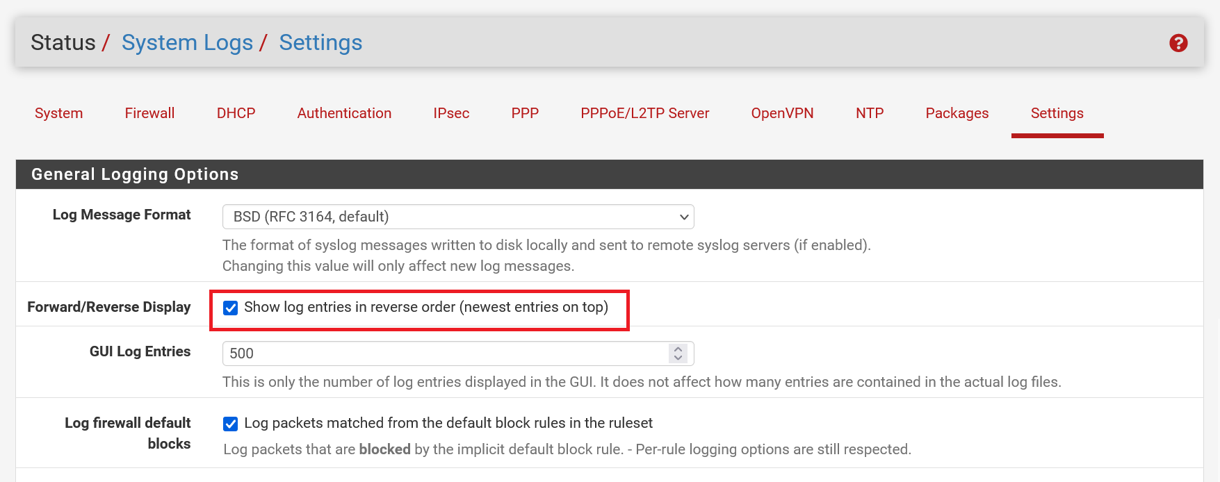 pfsense system logs settings top