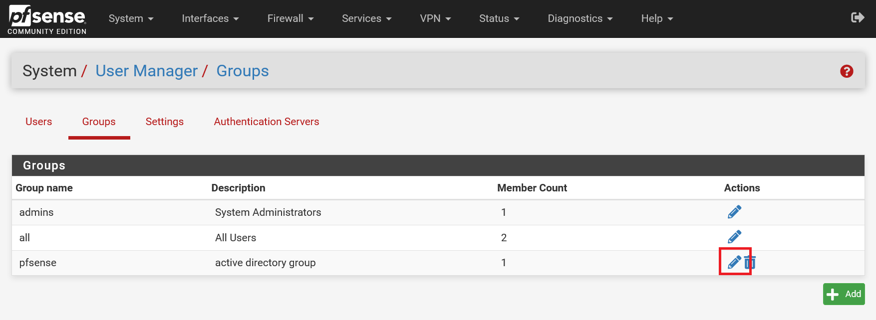 pfsense user manager groups action edit