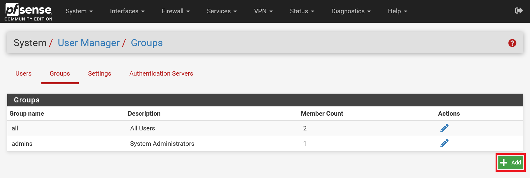 pfsense user manager add groups