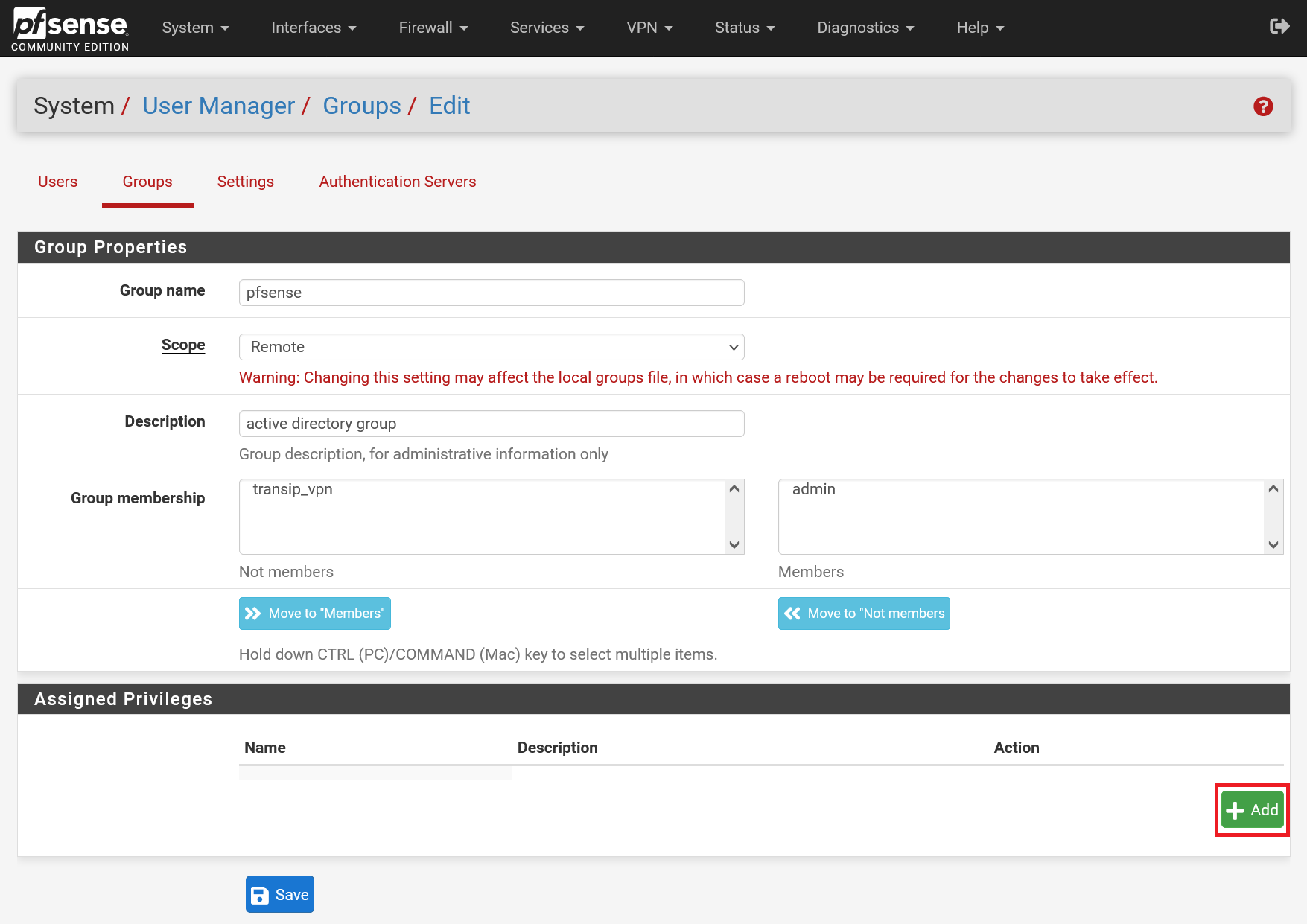 pfsense user manager edit group add privileges