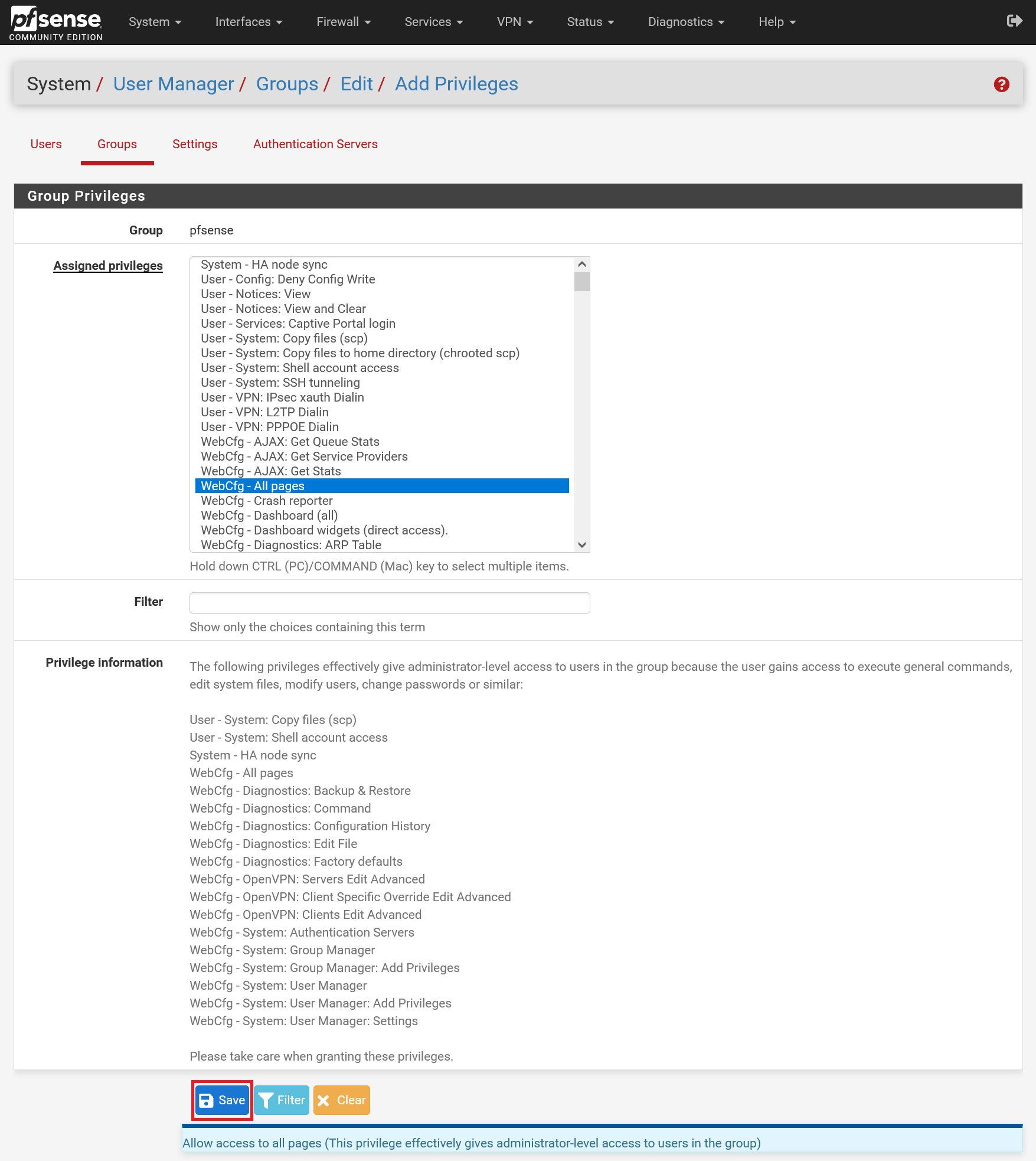 pfsense user manager groups edit privileges