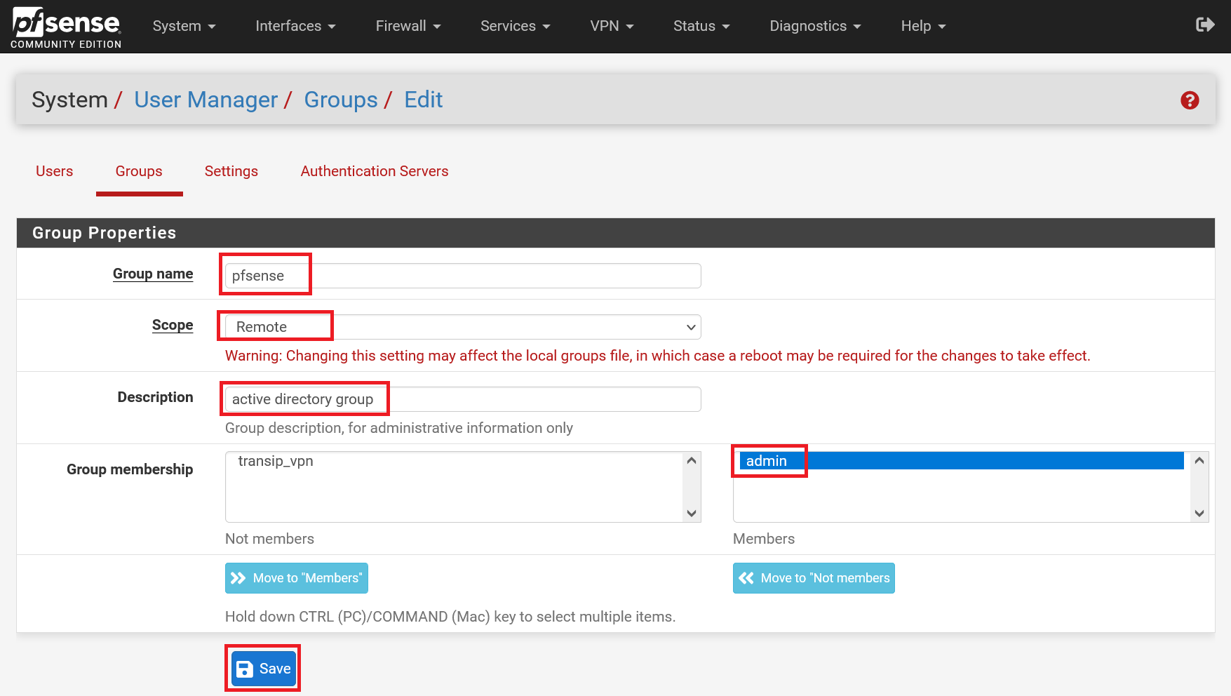 pfsense user manager groups edit