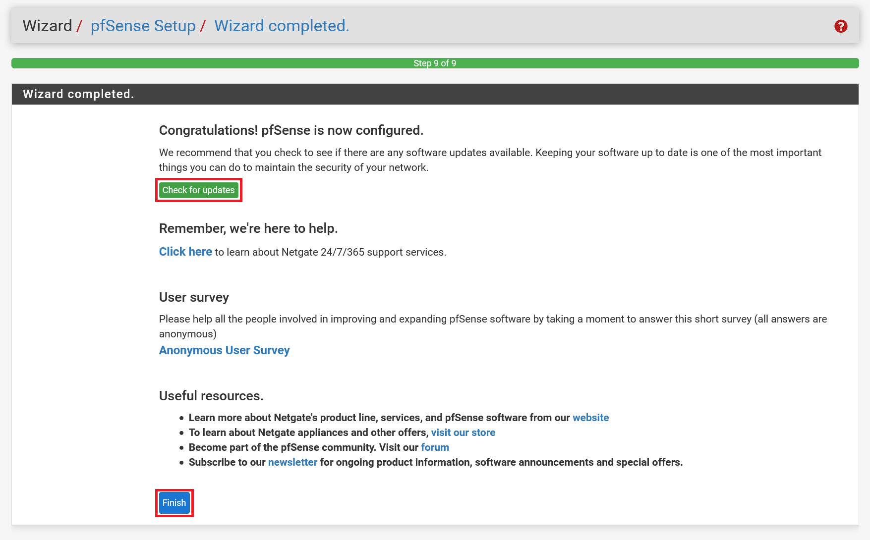 pfsense wizard finished